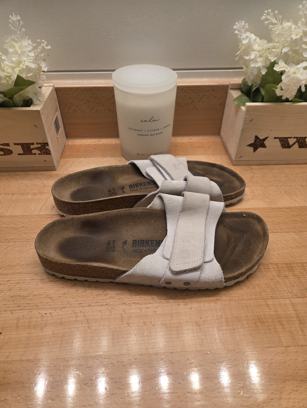 Birkenstock Oita Slide Sandals  Antique White Suede Leather Womens Size EU 41